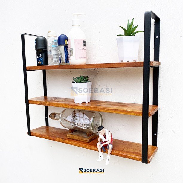 FUJI rak dinding 3 ambalan kayu dan besi buku make up hiasan dekorasi - Cokelat