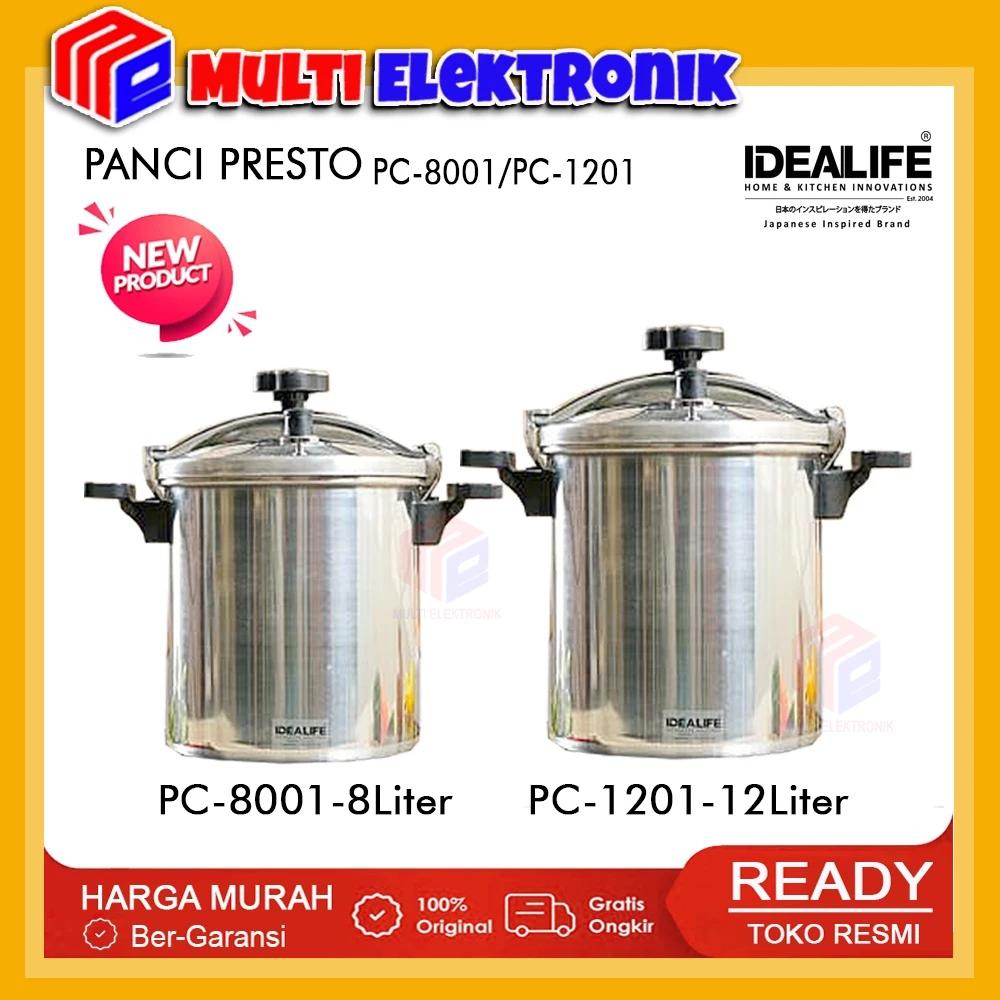 IDEALIFE Panci Presto / Pressure Cooker Alumunium PC-8001 Kapasitas 8 Liter / PC-1201 Kapasitas 12 Liter