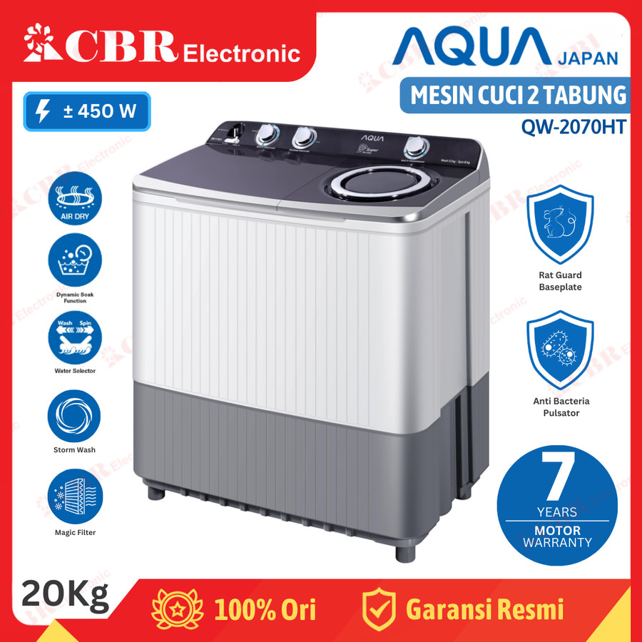 MESIN CUCI AQUA 2 TABUNG 20 KG QW 2070HT / ANTI BAKTERI - STORM WASH