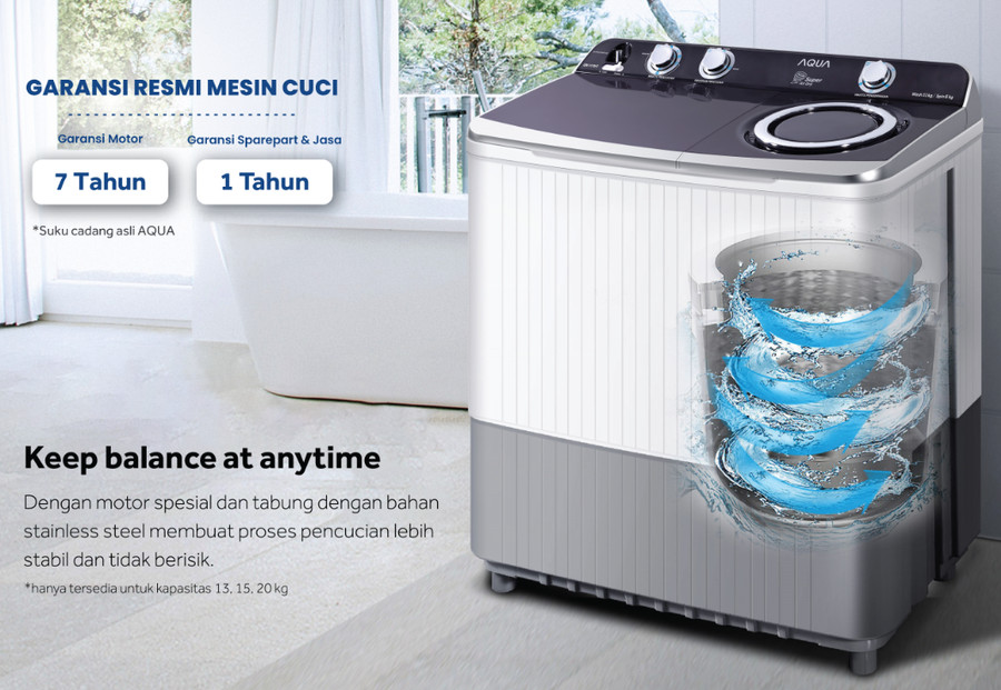 MESIN CUCI AQUA 2 TABUNG 13 KG QW 1370HT / ANTI BAKTERI - STORM WASH