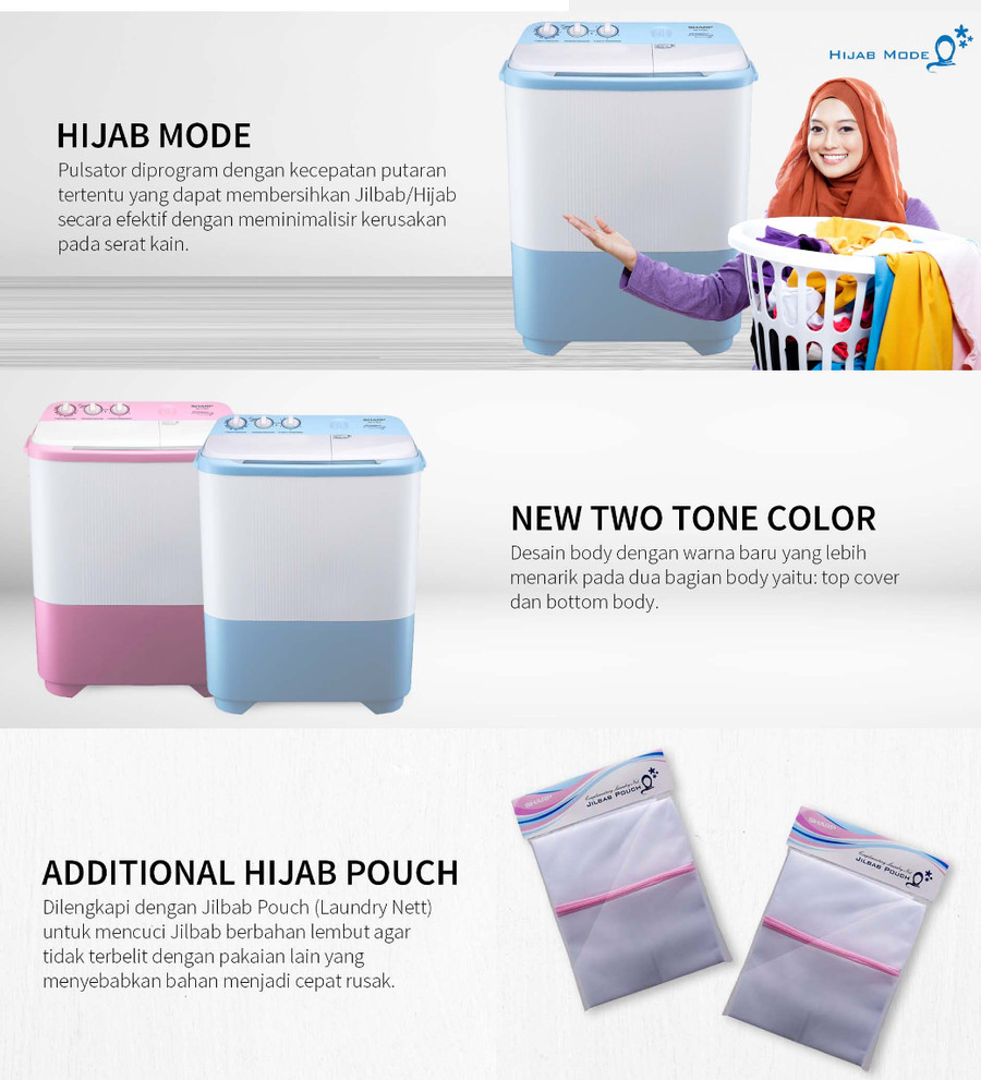 Mesin Cuci SHARP 2 Tabung 7.5KG ES-T79SJ-PK (Hijab Series) 