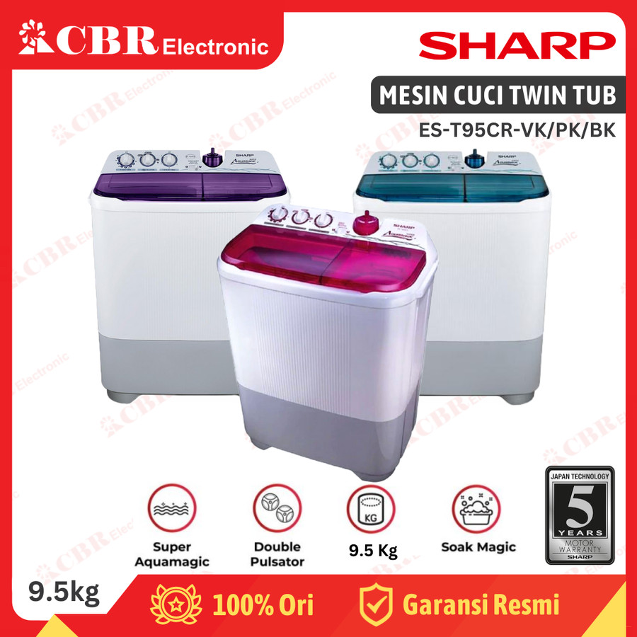 Mesin Cuci SHARP 2 Tabung 9.5KG ES-T95CR-PK / ES-T95CR-VK /ES-T95CR-BK - Ungu