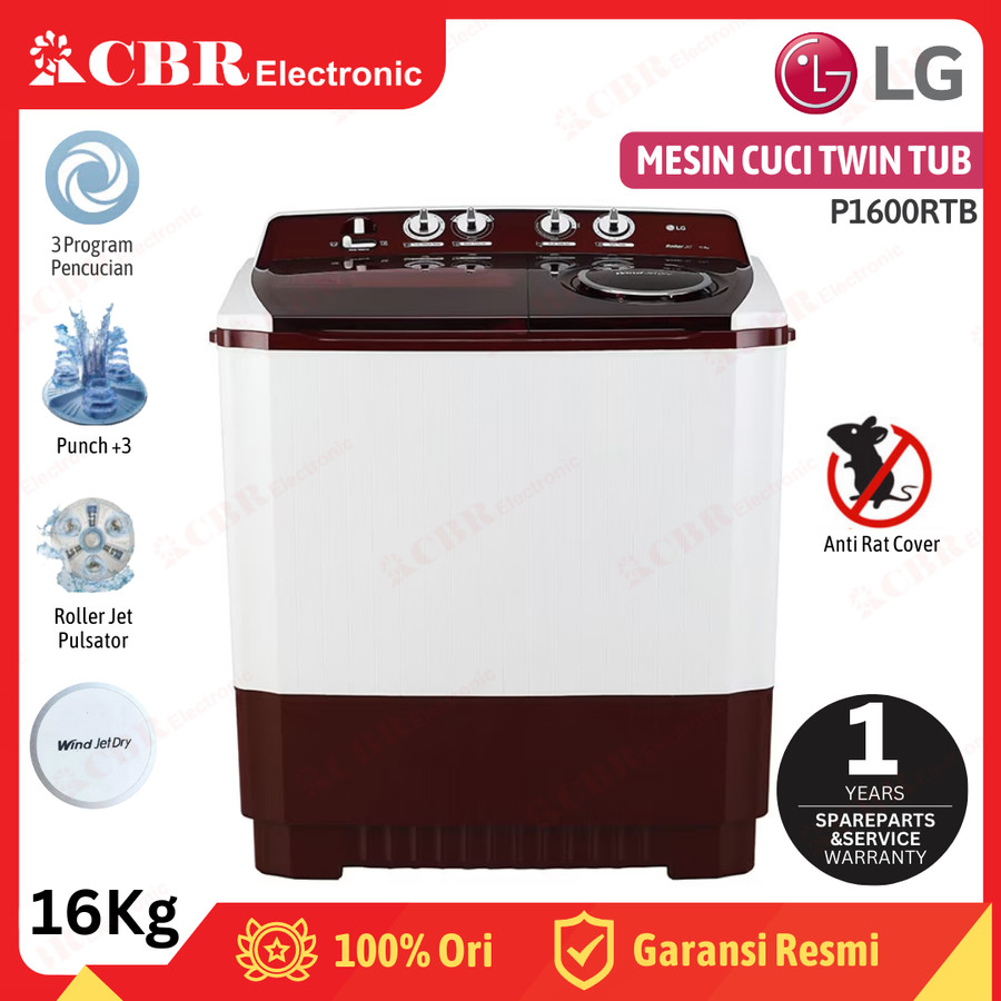 Mesin Cuci LG 16 KG P1600RTB / 2 Tabung Manual / Merah