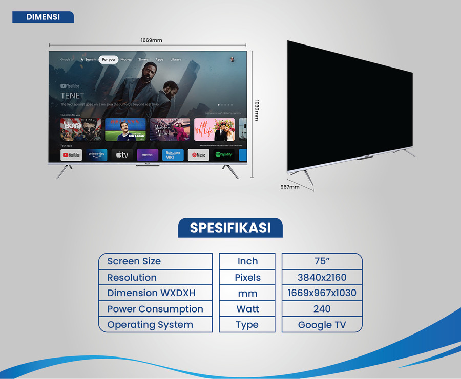 TV AQUA 75 Inch LED AQT75P751UX (4K-HQLED-Google TV)