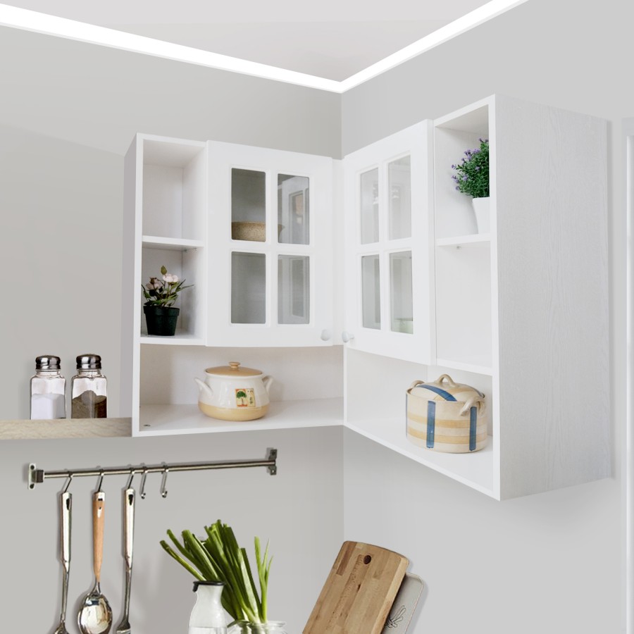 KIRANA Nebraska Kaca - Kitchen Set Kayu Kabinet Lemari Dapur Putih Minimalis 2 Pintu Sudut Kaca Rak