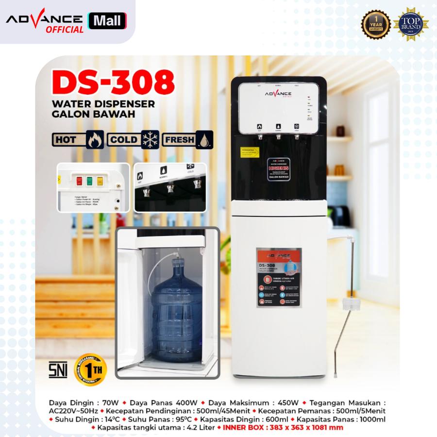 [NEW] Advance DS-308 Water Dispenser Air Galon Bawah 3in1 Hot Cool Fresh Daya Maksimal 400 Watt Garansi Resmi 1 Tahun