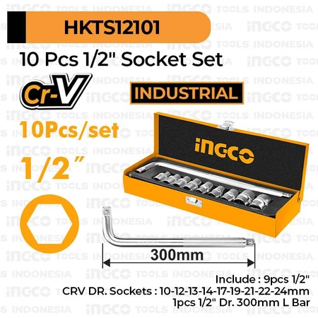 Kunci Socket L 1/2" x 10-24mm Set 10pcs INGCO HKTS12101 Sok Sock Shok