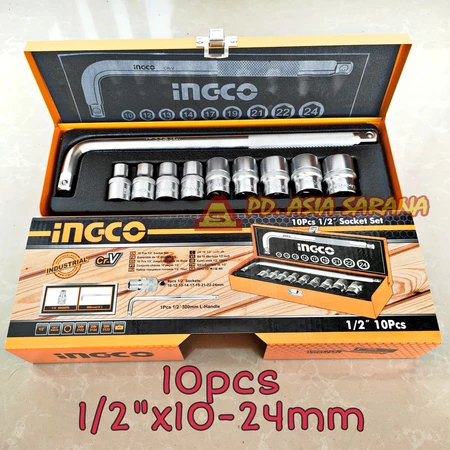 Kunci Socket L 1/2" x 10-24mm Set 10pcs INGCO HKTS12101 Sok Sock Shok