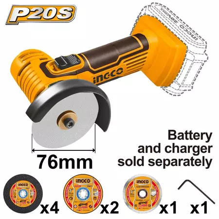 Cordless Gerinda Mini 3" Inch 20V INGCO CAGLI7601 Mesin Angle Grinder Cut Off P20S