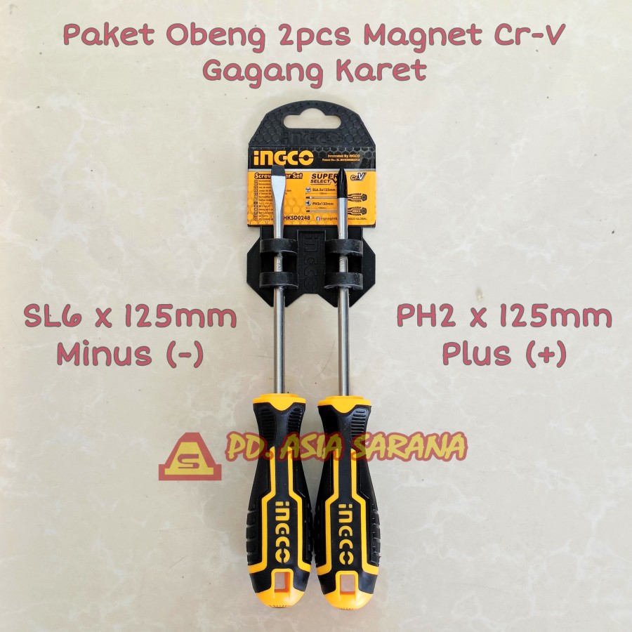 Obeng Set 2pcs PH2 (+) SL6 (-) 125mm Magnet INGCO HKSD0248 Screwdriver