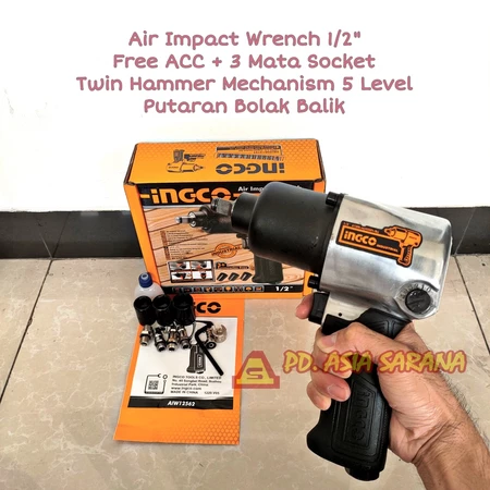 Air Impact Wrench 1/2" Inch INGCO AIW12562 Socket Buka Baut Angin Pneumatic