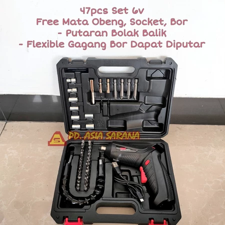 Mesin Bor Obeng Baterai 47pcs Set 6v SUNC Cordless Screwdriver Listrik