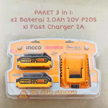 PAKET 3in1 Baterai 2.0Ah 20V Fast Charger 2A INGCO FBCPK1222-GK P20S