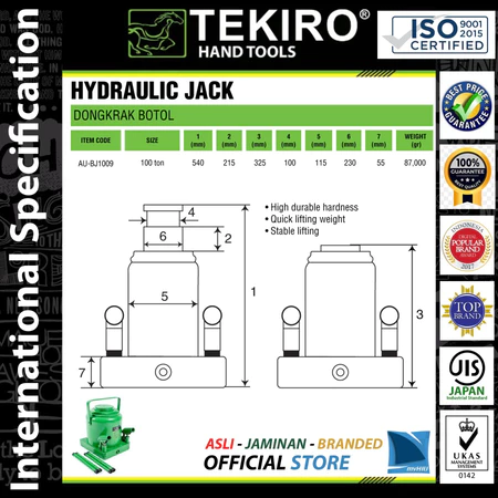 Dongkrak Botol 100T Ton TEKIRO AU-BJ1009 Heavy Hydraulic Bottle Jack