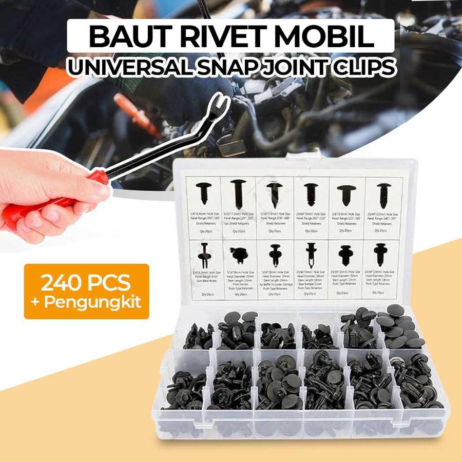 Baut Rivet Kancing Mobil 240pcs Set + Pengungkit Mur Klip Bumper Joint Clip Dashboard Universal HE01