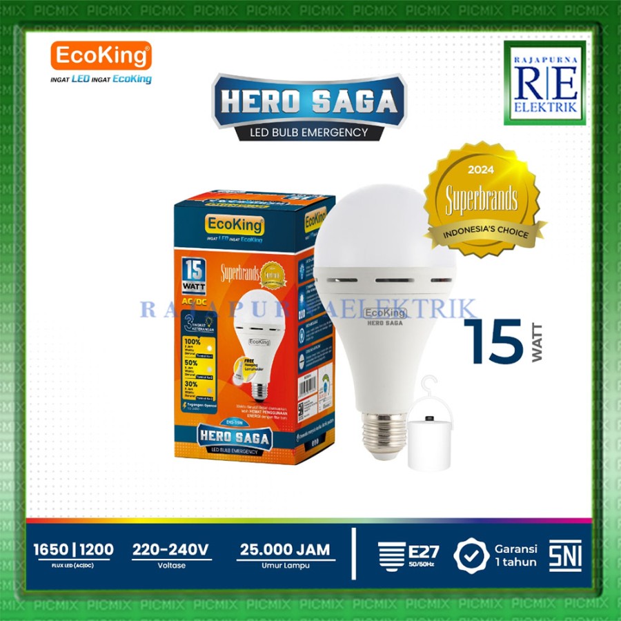 LAMPU LED EMERGENCY MAGIC ECOKING HERO SAGA 15W AC DC ORIGINAL