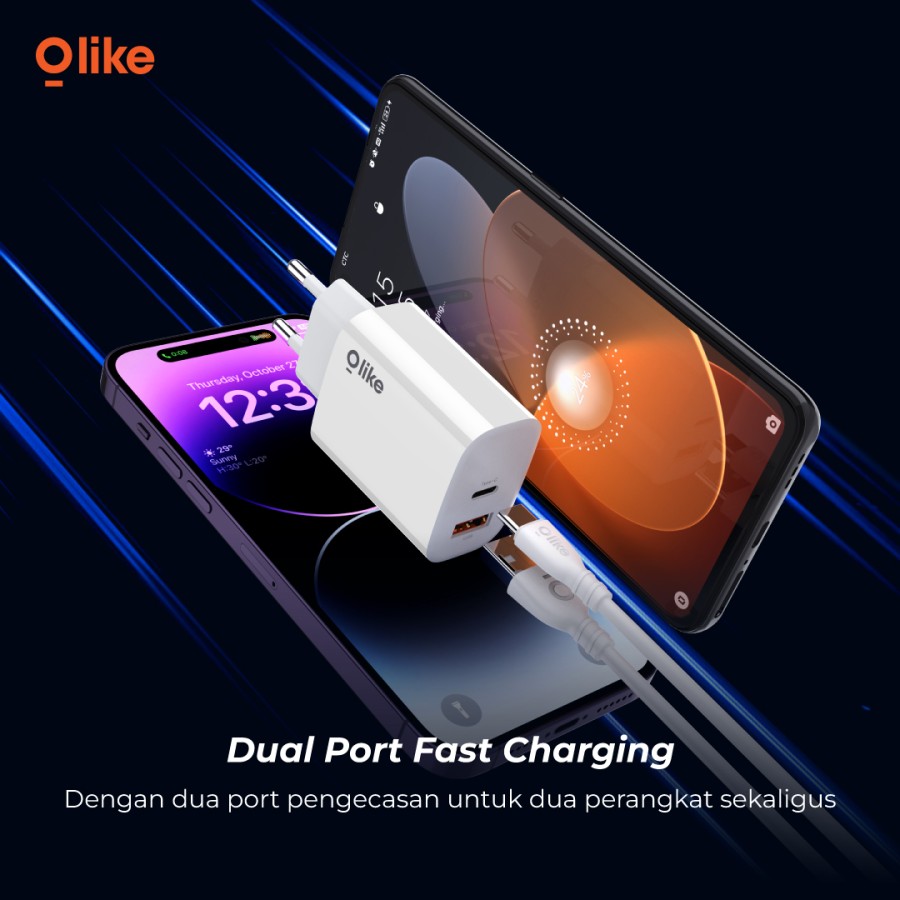 OLIKE Charger Adaptor C400 Dual Port USB + Type-C QC 18W 20W Fast charging - Hitam