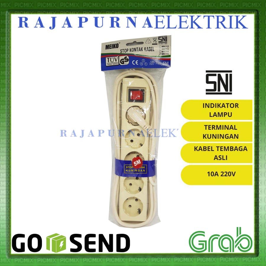 Stop Kontak 5 lubang - saklar on-off - kabel 5 meter 5m - SNI - MEIKO - Putih