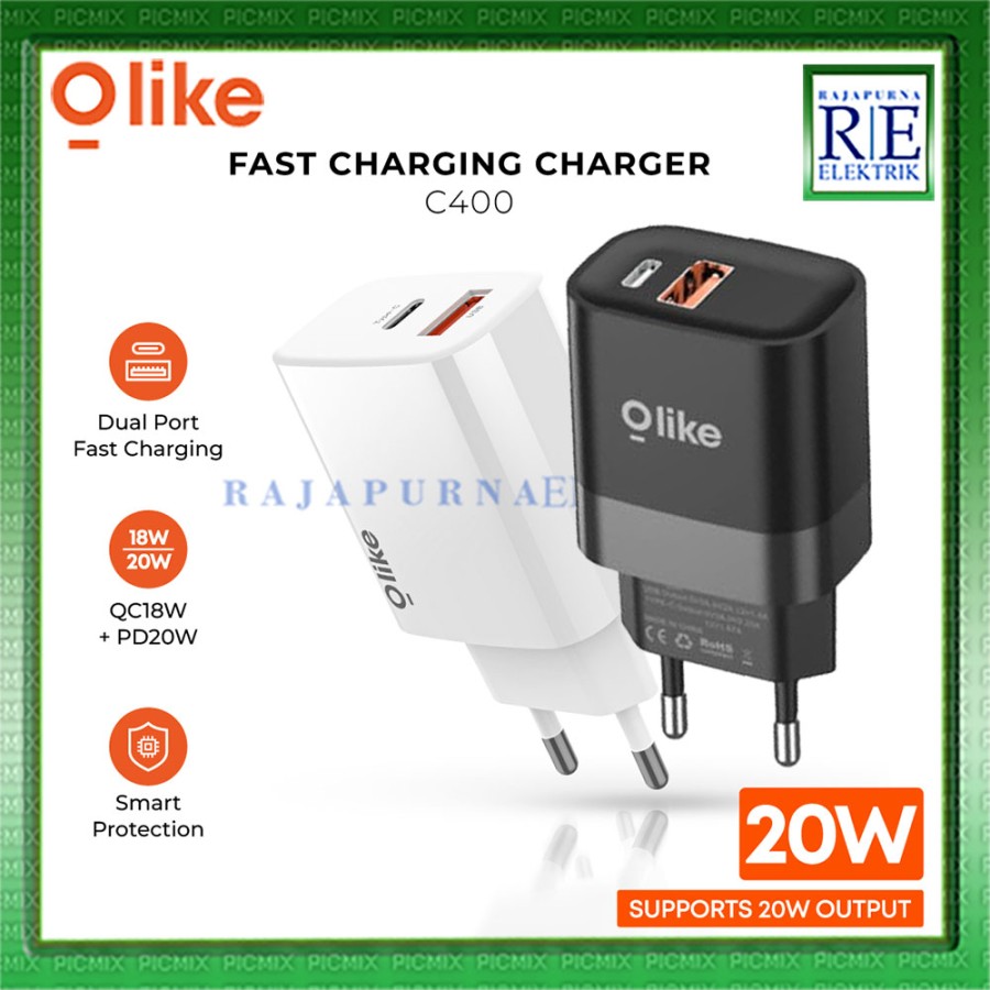 OLIKE Charger Adaptor C400 Dual Port USB + Type-C QC 18W 20W Fast charging - Hitam