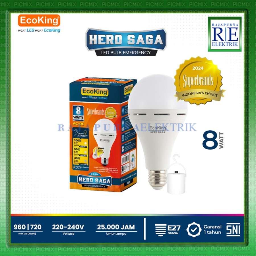 LAMPU LED EMERGENCY MAGIC ECOKING HERO SAGA 6W 8W 10W 12W 15W AC DC