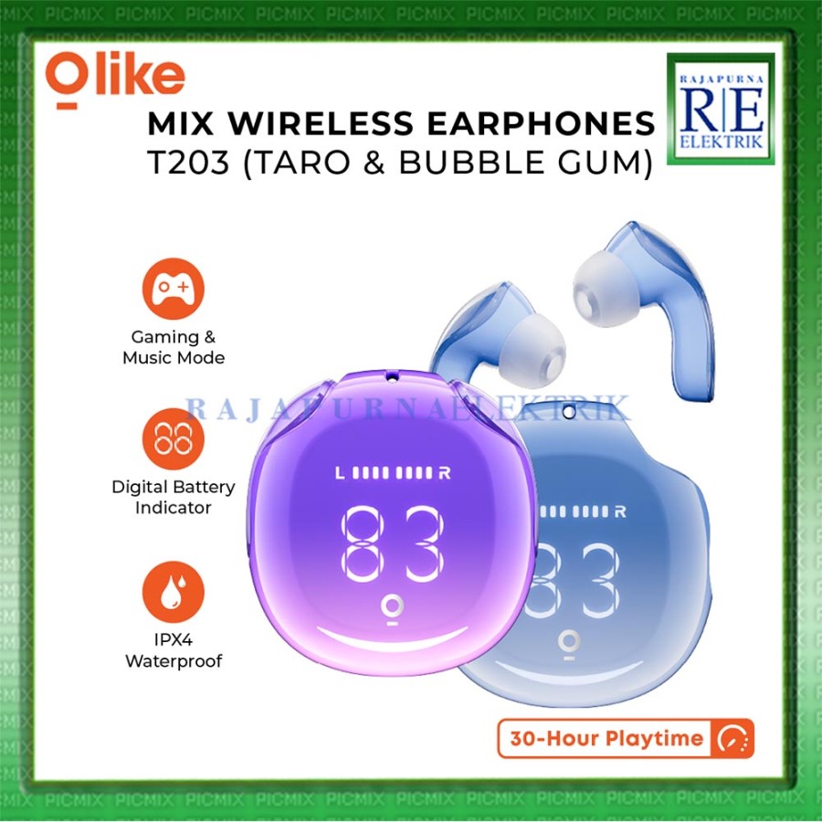Olike T203 Mix TWS Earphone Wireless Bluetooth 5.3 IPX4 Waterproof LED Display- Taro