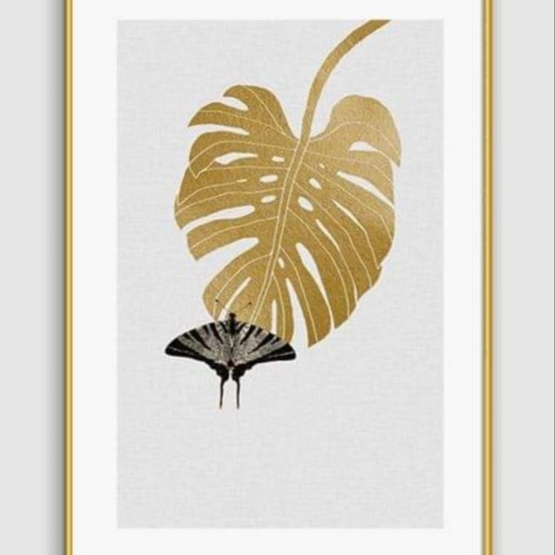 Lukisan Dinding/Art Print Butterfly Monstera - Stainless Gold - 60x90