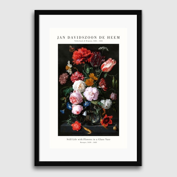 Lukisan Dinding -Heem Still Life with Flowers-Matte-Frame Hitam 40x60