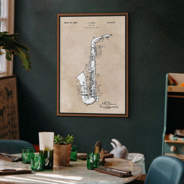 Lukisan Dinding - Canvas - Patent Art Saxophone - 40x60 - Dark Wood