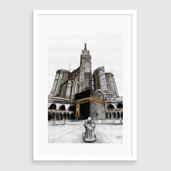 Lukisan Dinding - Kaaba and Makkah Clock - Frame Putih 60x90 Matte