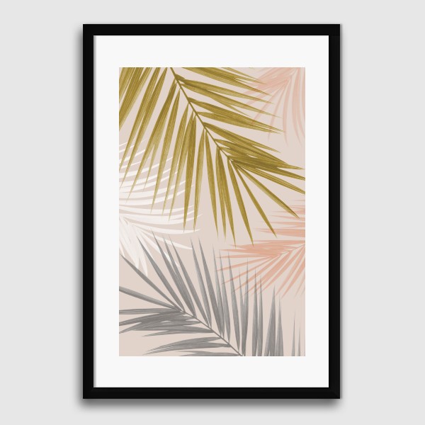 Lukisan Dinding -Grey Gold Leaves 2- Matte -Frame Hitam 30x45