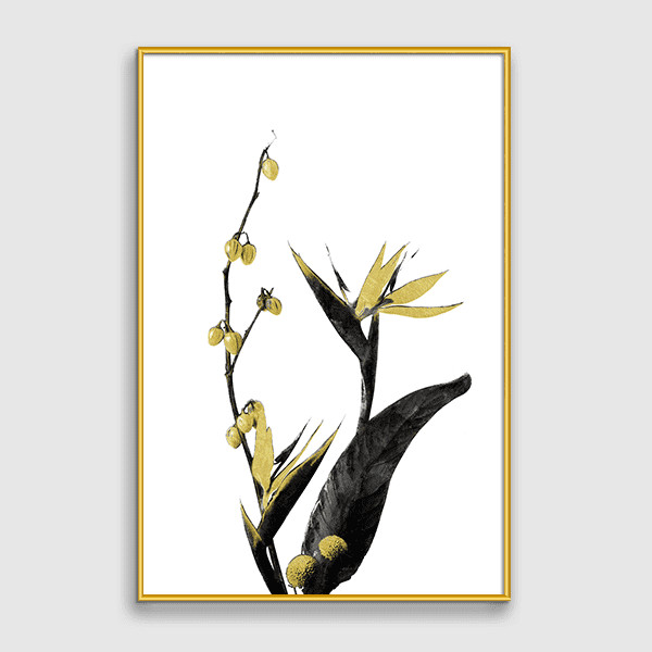 Lukisan Dinding Set - Black and Gold Plants - Mix - Gold Frame