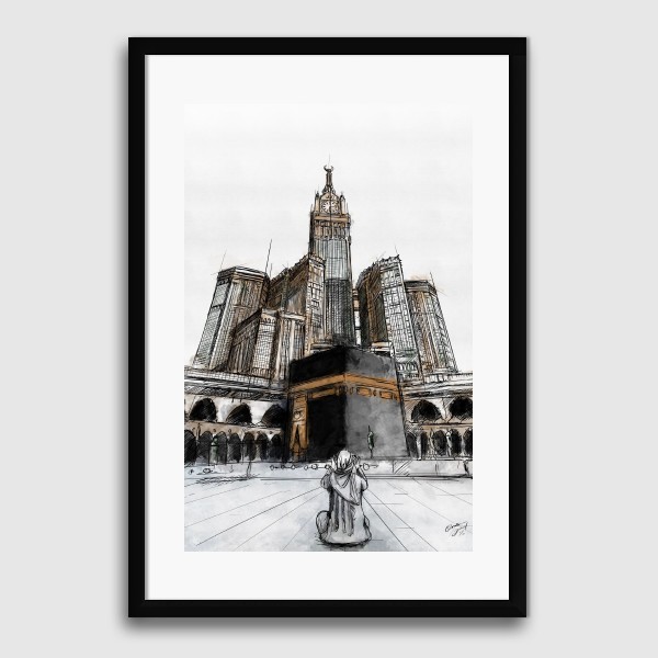 Lukisan Dinding -Kaaba and Makkah Clock- Matte -Frame Hitam 70x105