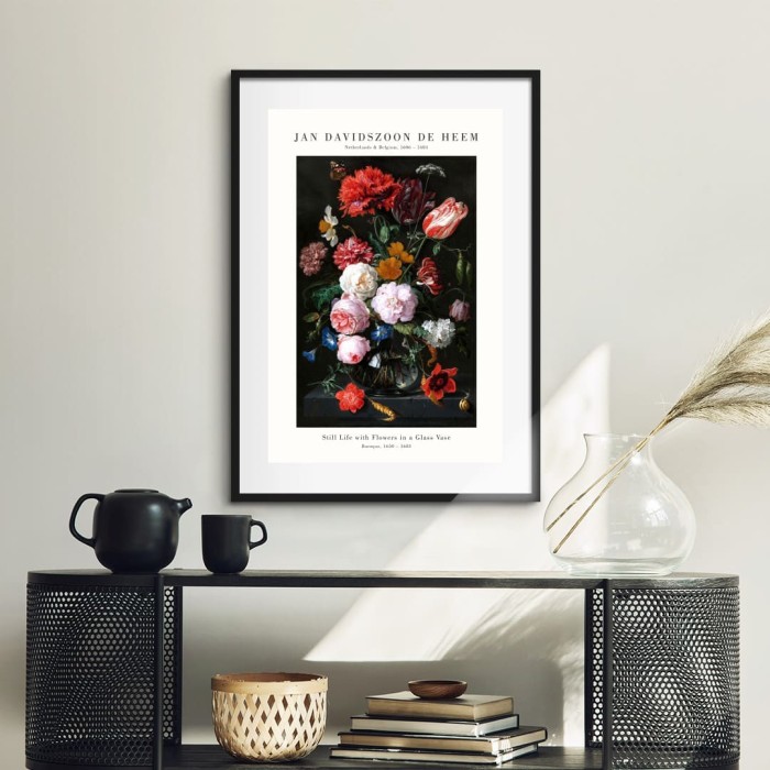 Lukisan Dinding -Heem Still Life with Flowers-Matte-Frame Hitam 40x60