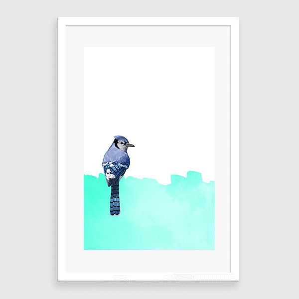 Lukisan Dinding -Bird On Blue Landscape - Matte -Frame Putih By Req
