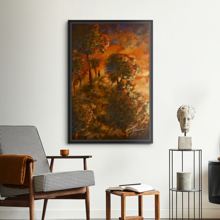 Lukisan Dinding -Canvas-Sunset on the Hill -Fiber Hitam 40x60