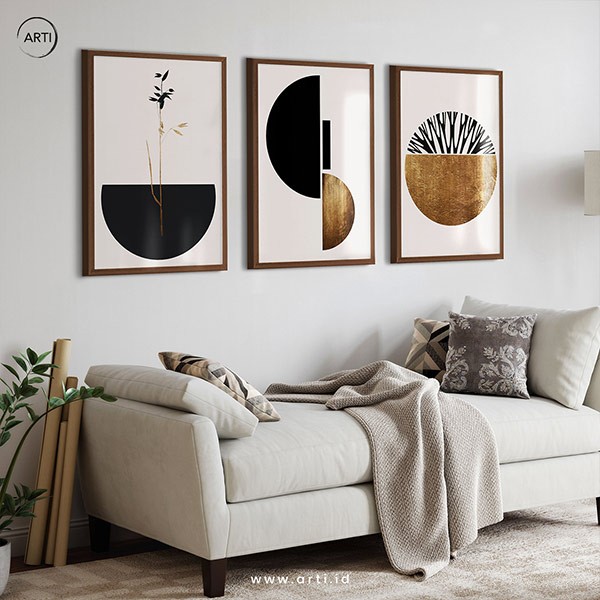 Lukisan Dinding Set - Spherical Black&Gold - 40x60 - Dark Brown Frame