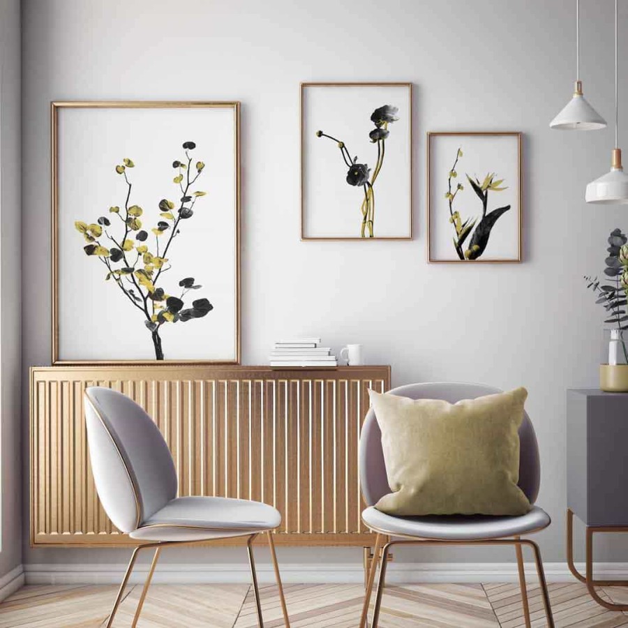 Lukisan Dinding Set - Black and Gold Plants - Mix - Gold Frame