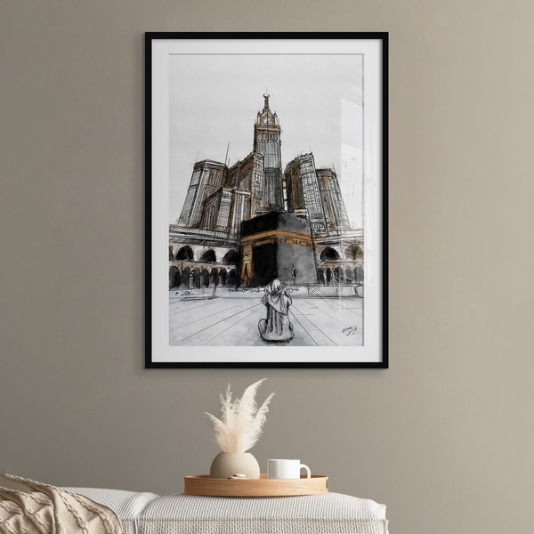 Lukisan Dinding -Kaaba and Makkah Clock- Matte -Frame Hitam 70x105