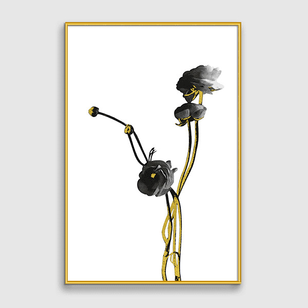 Lukisan Dinding Set - Black and Gold Plants - Mix - Gold Frame