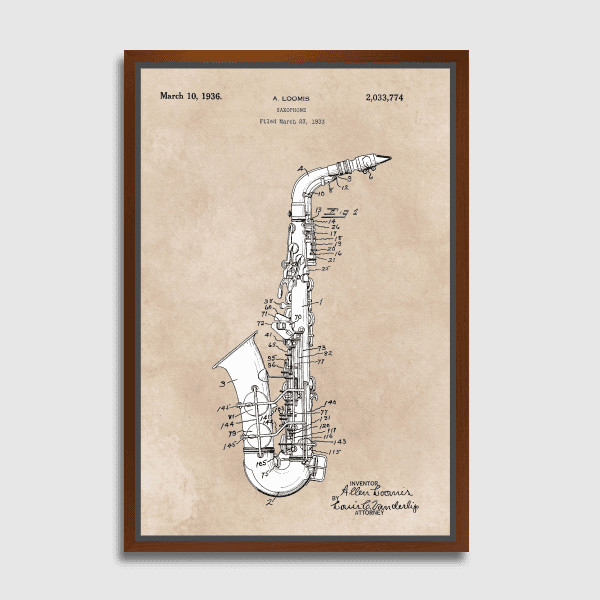 Lukisan Dinding - Canvas - Patent Art Saxophone - 40x60 - Dark Wood