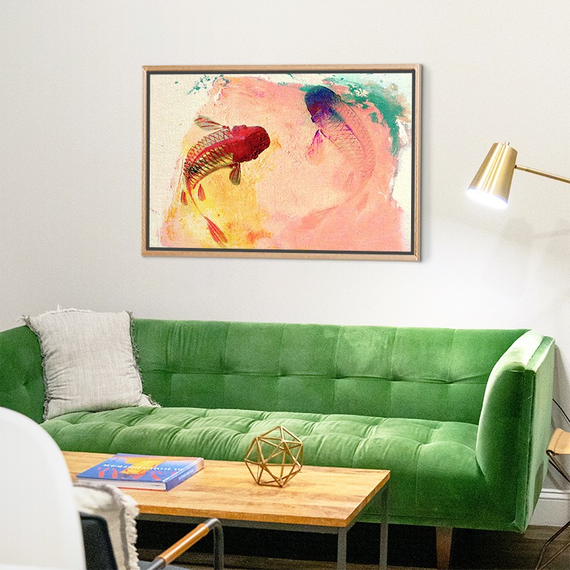 Lukisan Dinding - Kanvas Koi - 60x90 - Frame Kayu coklat muda