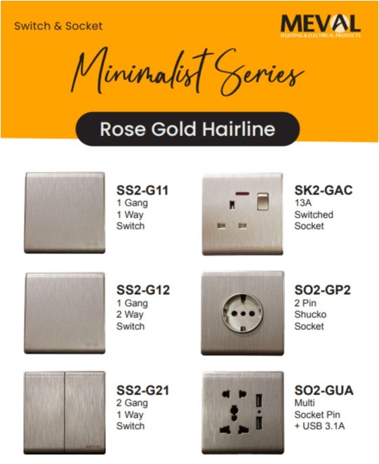 MEVAL Stop Kontak Saklar dan Soket Minimalist - Gold Hairline
