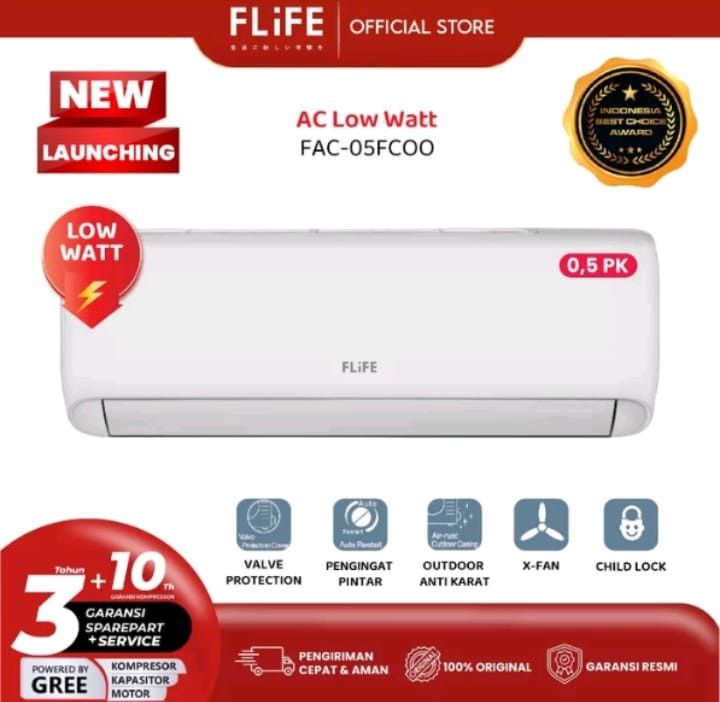 AC FLIFE BY GREE FAC-05FCOO 1/2PK 325WATT LOW WATT + PASANG DEPOK 0,5PK 05FCOO