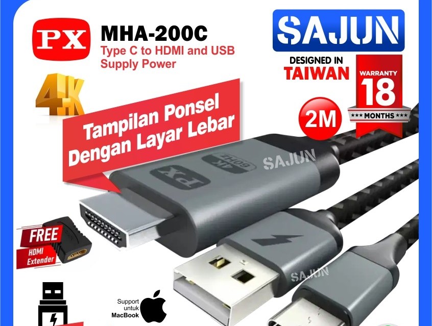 PXType C USB Smartphone ke TV HDMI Kabel Converter PX MHA-200C 2M