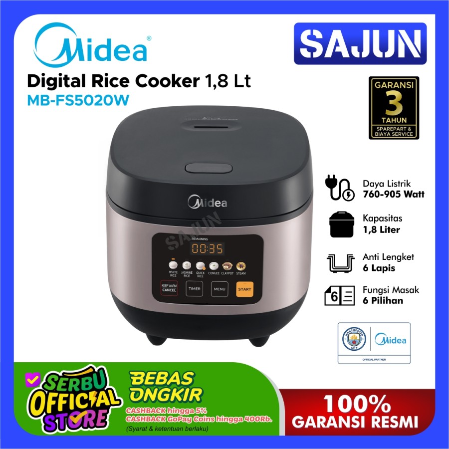 Midea Digital Rice Cooker 1.8L - MB-FS5020W - 6 Preset Menu