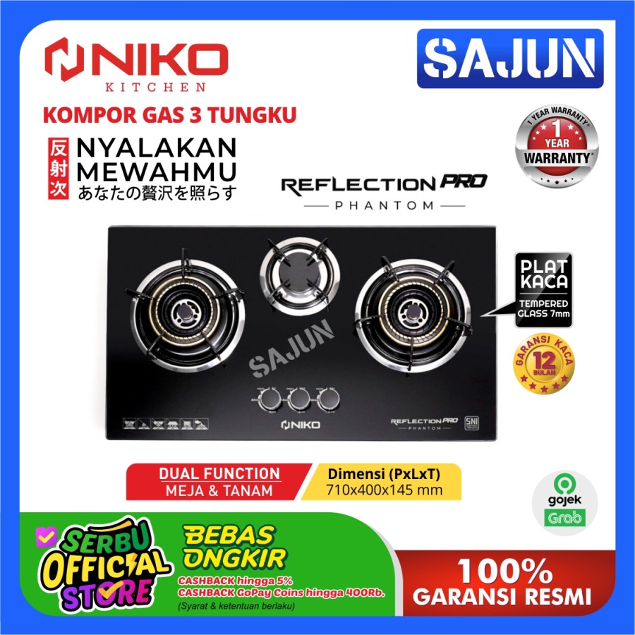 Niko Pro Phantom Kompor Gas Kaca 3 Tungku