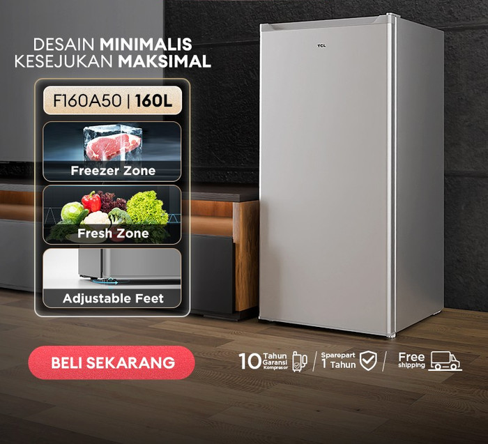 TCL Kulkas 1 Pintu (Refrigerator) - Kapasitas 160L - Freezer Zone - Adjustable Feet - Adjustable Thermostat (Model: F160-A50)