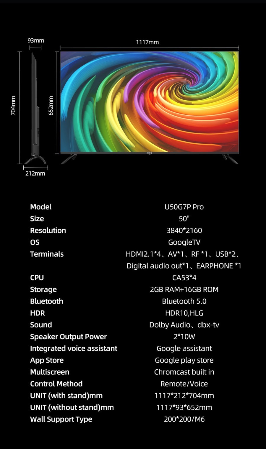 Changhong 【Google TV】CHiQ 50 Inch Smart TV 4K UHD HDR10+ ( U50G7P PRO )