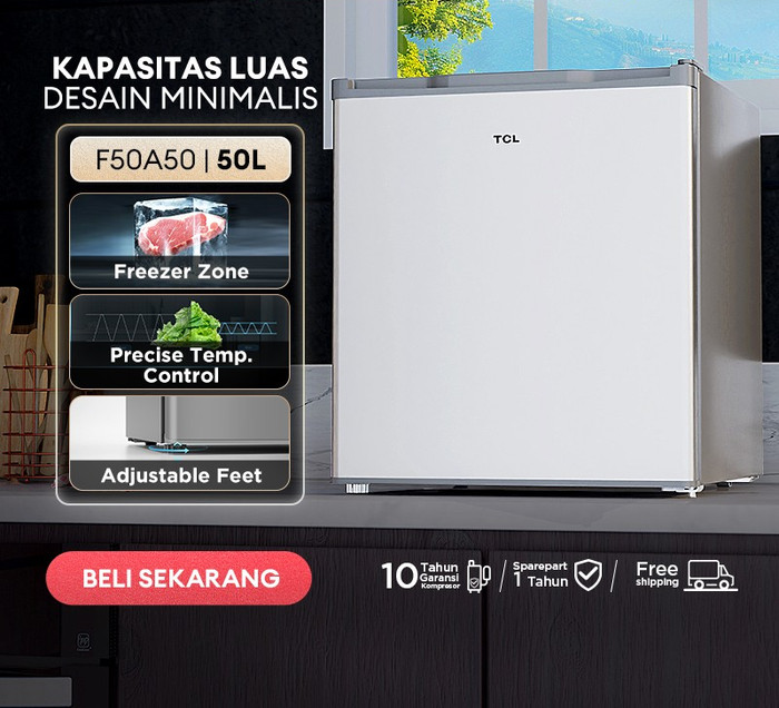 TCL Kulkas Mini Bar (Refrigerator) - Kapasitas 50L - Freezer Zone - Adjustable Feet - Adjustable Thermostat (Model: F50-A50)
