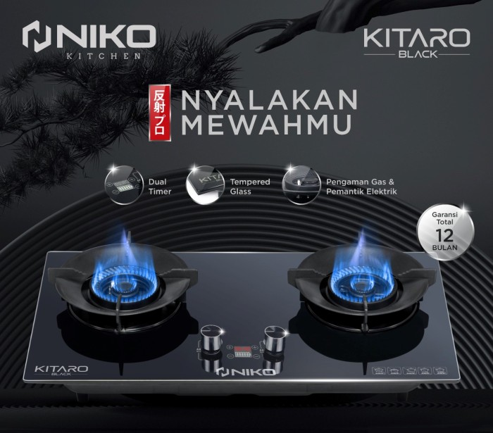 Niko Kitaro Black Kompor Gas 2 Tungku Kompor Tanam Kaca Double Timer